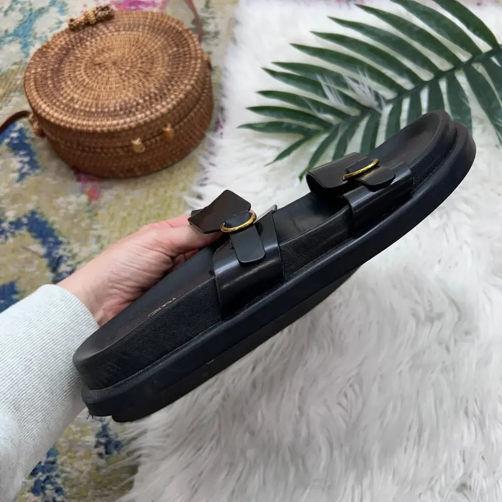 Zara Black Faux Leather Slip On Slide Sandal 39 / 9 Neutral Minimalist Gold Tone - Picture 3 of 5
